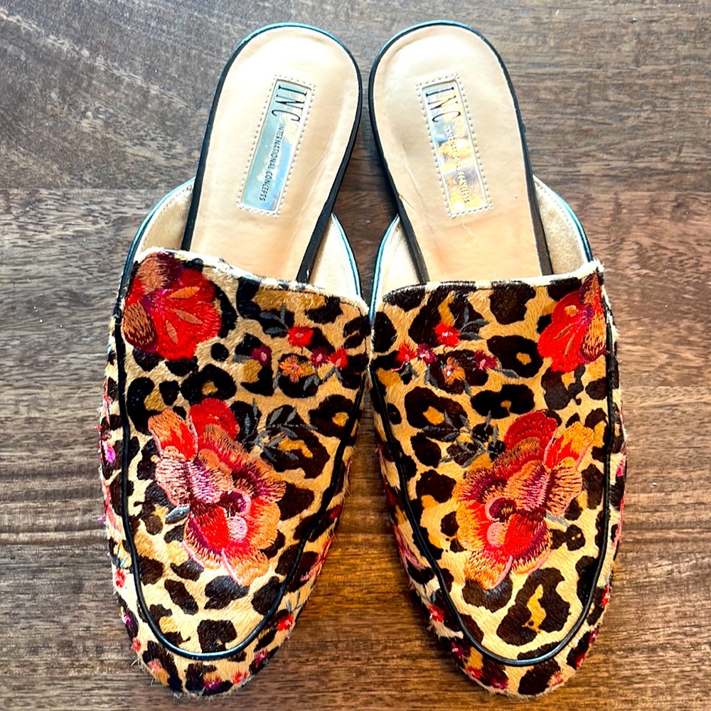 INC women’s mules floral & tiger print faux fur (size 10)